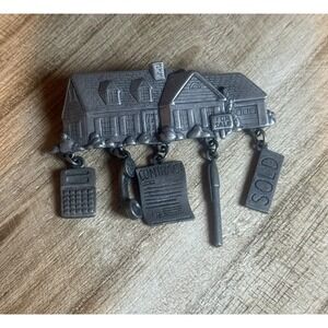 Vintage JJ‎ Pewter Real Estate Brooch with Realtor Charms and House Design 2"